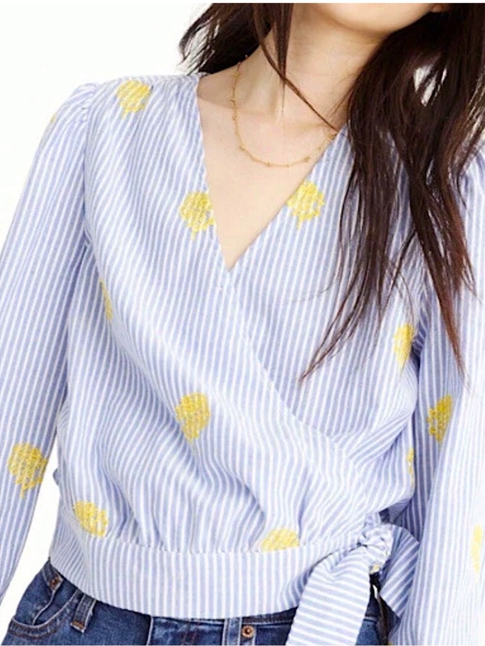 J. CREW Pineapple Embroidered Wrap Blouse Blue Stripe Preppy Coastal Petite M